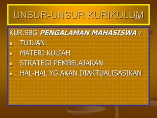 UNSUR-UNSUR KURIKULUM
KUR.SBG PENGALAMAN MAHASISWA :
 TUJUAN
 MATERI KULIAH
 STRATEGI PEMBELAJARAN
 HAL-HAL YG AKAN DIAKTUALISASIKAN
26
 