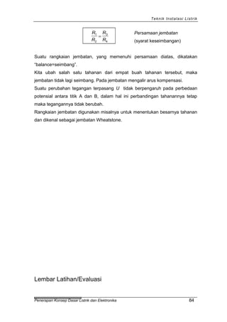 Teknik Instalasi Listrik
R
R
R
R
1
2
3
4
=
Persamaan jembatan
(syarat keseimbangan)
Suatu rangkaian jembatan, yang memenuhi persamaan diatas, dikatakan
“balance=seimbang”.
Kita ubah salah satu tahanan dari empat buah tahanan tersebut, maka
jembatan tidak lagi seimbang. Pada jembatan mengalir arus kompensasi.
Suatu perubahan tegangan terpasang U tidak berpengaruh pada perbedaan
potensial antara titik A dan B, dalam hal ini perbandingan tahanannya tetap
maka tegangannya tidak berubah.
Rangkaian jembatan digunakan misalnya untuk menentukan besarnya tahanan
dan dikenal sebagai jembatan Wheatstone.
Lembar Latihan/Evaluasi
Penerapan Konsep Dasar Listrik dan Elektronika 84
 