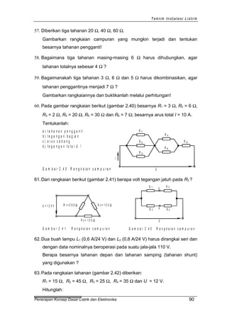 Teknik Instalasi Listrik
57. Diberikan tiga tahanan 20 Ω, 40 Ω, 60 Ω.
Gambarkan rangkaian campuran yang mungkin terjadi dan tentukan
besarnya tahanan pengganti!
58. Bagaimana tiga tahanan masing-masing 6 Ω harus dihubungkan, agar
tahanan totalnya sebesar 4 Ω ?
59. Bagaimanakah tiga tahanan 3 Ω, 6 Ω dan 5 Ω harus dikombinasikan, agar
tahanan penggantinya menjadi 7 Ω ?
Gambarkan rangkaiannya dan buktikanlah melalui perhitungan!
60. Pada gambar rangkaian berikut (gambar 2.40) besarnya R1 = 3 Ω, R2 = 6 Ω,
R3 = 2 Ω, R4 = 20 Ω, R5 = 30 Ω dan R6 = 7 Ω; besarnya arus total I = 10 A.
Tentukanlah:
G a m b a r 2 .4 0 R a n g k a i a n c a m p u r a n
a ) t a h a n a n p e n g g a n t i
b ) t e g a n g a n b a g ia n
c ) a r u s c a b a n g
d ) t e g a n g a n t o t a l U !
U
R 5
R 6
R 1
R 2
R 3
R 4
I
61.Dari rangkaian berikut (gambar 2.41) berapa volt tegangan jatuh pada R2 ?
G a m b a r 2 . 4 1 R a n g k a i a n c a m p u r a n
U = 1 2 0 V
R 1 A
B
G a m b a r 2 .4 2 R a n g k a i a n c a m p u r a n
U
R 2
R 3 R 4
R 1 = 2 0 0 ΩR 1 = 2 0 0 Ω R 2 = 1 0 0 Ω
R 3 = 1 0 0 Ω
62.Dua buah lampu L1 (0,6 A/24 V) dan L2 (0,8 A/24 V) harus dirangkai seri dan
dengan data nominalnya beroperasi pada suatu jala-jala 110 V.
Berapa besarnya tahanan depan dan tahanan samping (tahanan shunt)
yang digunakan ?
63.Pada rangkaian tahanan (gambar 2.42) diberikan:
R1 = 15 Ω, R2 = 45 Ω, R3 = 25 Ω, R4 = 35 Ω dan U = 12 V.
Hitunglah:
Penerapan Konsep Dasar Listrik dan Elektronika 90
 