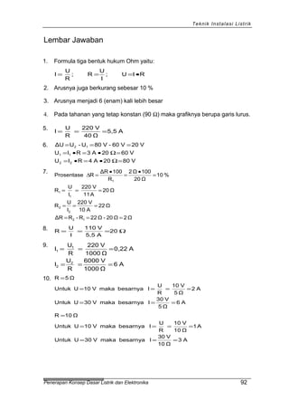 Teknik Instalasi Listrik
Lembar Jawaban
1. Formula tiga bentuk hukum Ohm yaitu:
RIU;
I
U
R;
R
U
I •===
2. Arusnya juga berkurang sebesar 10 %
3. Arusnya menjadi 6 (enam) kali lebih besar
4. Pada tahanan yang tetap konstan (90 Ω) maka grafiknya berupa garis lurus.
5.
A5,5
Ω40
V220
R
U
I ===
6.
V8020A4RIU
V6020A3RIU
V20V60-V80U-UΔU
22
11
12
=Ω•=•=
=Ω•=•=
===
7.
Ω2Ω20-Ω22R-RΔR
Ω22
A10
V220
I
U
R
Ω20
A11
V220
I
U
R
%10
Ω20
100Ω2
R
100ΔR
RProsentase
12
2
2
1
1
1
===
===
===
=
•
=
•
=∆
8. Ω=== 20
A5,5
V110
I
U
R
9.
A6
Ω1000
V6000
R
U
I
A0,22
Ω1000
V220
R
U
I
2
2
1
1
===
===
10.
A6
Ω5
V30
IbesarnyamakaV30UUntuk
A2
Ω5
V10
R
U
IbesarnyamakaV10UUntuk
Ω5R
===
====
=
A3
Ω10
V30
IbesarnyamakaV30UUntuk
A1
Ω10
V10
R
U
IbesarnyamakaV10UUntuk
Ω10R
===
====
=
Penerapan Konsep Dasar Listrik dan Elektronika 92
 