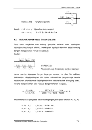 Teknik Instalasi Listrik
Gambar 2.19 Rangkaian parallel
I = 1 2 A I 2
R 2
R 3
I = 5 A1
I = 4 A3
R 1
Jawab: I = I1 + I2 + I3 dijabarkan ke I2 menjadi;
I2 = I - I1 - I3 ; I2 = 12 A - 5 A - 4 A = 3 A
4.2. Hukum Kirchhoff kedua (hukum jala-jala)
Pada suatu rangkaian arus tertutup (jala-jala) terdapat suatu pembagian
tegangan yang sangat tertentu. Pembagian tegangan tersebut dapat dihitung
dengan menggunakan rumus yang sesuai.
Contoh:
U = 8 V2 U = 1 2 V3
U = 1 2 VS 2
I = 0 ,2 A
R = 6 0 Ω3
U = 1 2 VS 1
U = 4 V1
R = 2 0 Ω1 R = 4 0 Ω2
Gambar 2.20
Rangkaian arus dengan dua sumber tegangan
Kedua sumber tegangan dengan tegangan sumber US1 dan US2 elektron-
elektronnya menggabungkan diri dalam memberikan pengaruhnya secara
keseluruhan. Disini sumber tegangan tersebut bereaksi dalam arah yang sama.
Mereka mengendalikan arus I sesuai dengan tahanan yang ada.
A0,2
120
V24
60+4020
V12+V12
;
+
+
321
S2S1
=
Ω
=
ΩΩ+Ω
=
+
= II
RRR
UU
Arus I merupakan penyebab terjadinya tegangan jatuh pada tahanan R1, R2 , R3
U R U
U R U
U R U
1 1 1
2 2 2
3 3 3
= ; = 0,2 A 20 = 4 V
= ; = 0,2 A 40 = 8 V
= ; = 0,2 A 60 = 12 V
I
I
I
⋅ ⋅
⋅ ⋅
⋅ ⋅
Ω
Ω
Ω
Penerapan Konsep Dasar Listrik dan Elektronika 75
 