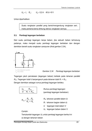 Teknik Instalasi Listrik
U R U2 1 2 2; 0,2 A 40 = 8 V= ⋅ = ⋅I Ω
Untuk diperhatikan:
Suatu rangkaian parallel yang berisi/mengandung rangkaian seri,
maka pertama-tama dihitung dahulu rangkaian serinya.
5.3. Pembagi tegangan berbeban
Dari suatu pembagi tegangan tanpa beban, jika sebuah beban terhubung
padanya, maka menjadi suatu pembagi tegangan berbeban dan dengan
demikian berarti suatu rangkaian campuran (lihat gambar 2.34).
I
U
R bU b
I q
I A r u s k o m p o n e n q u a d r a t
I A r u s b e b a nb
q
R 1
I b
R 2
Gambar 2.34 Pembagi tegangan berbeban
Tegangan jatuh pemakaian (tegangan beban) terletak pada tahanan parallel
R2,b. Tegangan total U berpengaruh pada tahanan total R1 + R2,b
Dengan demikian sebagai rumus pembagi tegangan berlaku:
U
U
R
R R
b 2,b
1 2,b+
=
Rumus pembagi tegangan
(pembagi tegangan berbeban)
R
R R
R R
2,b
2 b
2 b+
=
⋅ R2b tahanan parallel dalam Ω
R1 tahanan bagian dalam Ω
U tegangan total dalam V
Ub tegangan beban dalam V
Contoh:
Tentukanlah tegangan Ub untuk pembagi tegangan berikut ini
a) dengan tahanan beban
Penerapan Konsep Dasar Listrik dan Elektronika 81
 