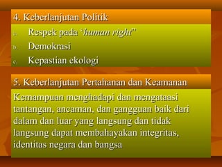 4. Keberlanjutan Politik4. Keberlanjutan Politik
a.a. Respek pada ‘Respek pada ‘human righthuman right””
b.b. DemokrasiDemokrasi
c.c. Kepastian ekologiKepastian ekologi
5. Keberlanjutan Pertahanan dan Keamanan5. Keberlanjutan Pertahanan dan Keamanan
Kemampuan menghadapi dan mengataasiKemampuan menghadapi dan mengataasi
tantangan, ancaman, dan gangguan baik daritantangan, ancaman, dan gangguan baik dari
dalam dan luar yang langsung dan tidakdalam dan luar yang langsung dan tidak
langsung dapat membahayakan integritas,langsung dapat membahayakan integritas,
identitas negara dan bangsaidentitas negara dan bangsa
 