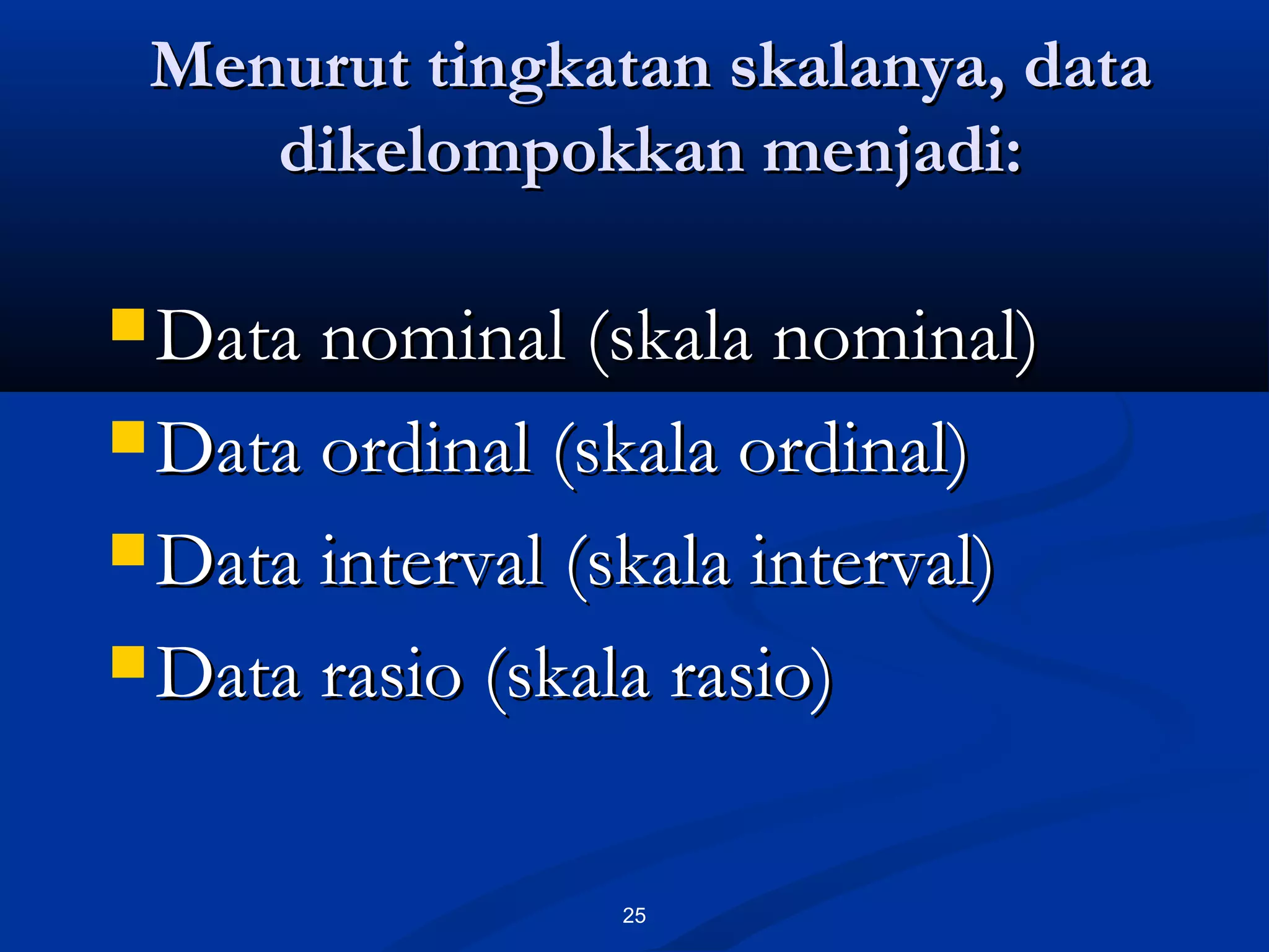 Menurut tingkatan skalanya, dataMenurut tingkatan skalanya, data
dikelompokkan menjadi:dikelompokkan menjadi:
25
 Data nominal (skala nominal)Data nominal (skala nominal)
 Data ordinal (skala ordinal)Data ordinal (skala ordinal)
 Data interval (skala interval)Data interval (skala interval)
 Data rasio (skala rasio)Data rasio (skala rasio)
 
