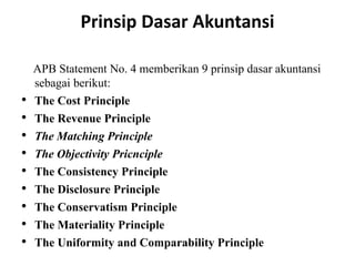 Prinsip Dasar Akuntansi
APB Statement No. 4 memberikan 9 prinsip dasar akuntansi
sebagai berikut:
• The Cost Principle
• The Revenue Principle
• The Matching Principle
• The Objectivity Pricnciple
• The Consistency Principle
• The Disclosure Principle
• The Conservatism Principle
• The Materiality Principle
• The Uniformity and Comparability Principle
 