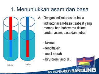 1. Menunjukkan asam dan basa
A. Dengan indikator asam-basa
Indikator asam-basa : zat-zat yang
mampu berubah warna dalam
larutan asam, basa dan netral.
- lakmus
- fenolftalein
- metil merah
- biru brom timol dll.
 