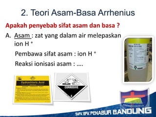 2. Teori Asam-Basa Arrhenius
Apakah penyebab sifat asam dan basa ?
A. Asam : zat yang dalam air melepaskan
ion H +
Pembawa sifat asam : ion H +
Reaksi ionisasi asam : ….
 