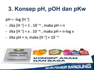 3. Konsep pH, pOH dan pKw
pH = -log [H +]
- Jika [H +] = 1 . 10 –n , maka pH = n
- Jika [H +] = x . 10 –n , maka pH = n-log x
- Jika pH = n, maka [H +] = 10 –n
 