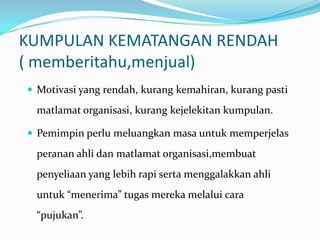 KUMPULAN KEMATANGAN RENDAH
( memberitahu,menjual)
 Motivasi yang rendah, kurang kemahiran, kurang pasti

matlamat organisasi, kurang kejelekitan kumpulan.
 Pemimpin perlu meluangkan masa untuk memperjelas

peranan ahli dan matlamat organisasi,membuat
penyeliaan yang lebih rapi serta menggalakkan ahli

untuk “menerima” tugas mereka melalui cara
“pujukan”.

 