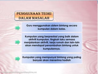 PENGGUNAAN TEORI
DALAM MASALAH
Guru menggunakan sistem bintang secara
kumpulan dalam kelas.
Kumpulan yang berprestasi yang baik dalam
aktiviti kumpulan, tingkah laku semasa
menjalankan aktiviti, kerja rumah dan lain-lain
akan mendapat penambahan bintang untuk
kumpulannya.
Kumpulan yang mempunyai bintang yang paling
banyak akan menerima hadiah

 