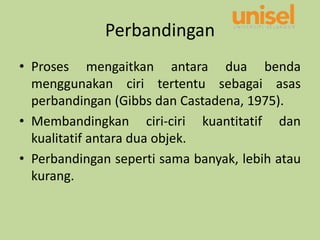 Perbandingan
• Proses mengaitkan antara dua benda
menggunakan ciri tertentu sebagai asas
perbandingan (Gibbs dan Castadena, 1975).
• Membandingkan ciri-ciri kuantitatif dan
kualitatif antara dua objek.
• Perbandingan seperti sama banyak, lebih atau
kurang.
 