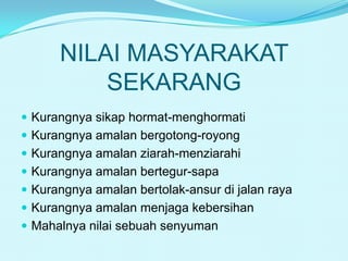 NILAI MASYARAKAT
SEKARANG
 Kurangnya sikap hormat-menghormati
 Kurangnya amalan bergotong-royong

 Kurangnya amalan ziarah-menziarahi
 Kurangnya amalan bertegur-sapa
 Kurangnya amalan bertolak-ansur di jalan raya

 Kurangnya amalan menjaga kebersihan
 Mahalnya nilai sebuah senyuman

 