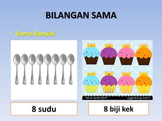 BILANGAN SAMA
• Sama Banyak

8 sudu

8 biji kek

 
