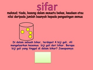 Di dalam sebuah bikar, terdapat 4 biji guli. Ali
mengeluarkan kesemua biji guli dari bikar. Berapa
biji guli yang tinggal di dalam bikar? Jawapannya

0

 