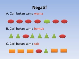 Negatif
A. Cari bukan sama warna

B. Cari bukan sama bentuk

C. Cari bukan sama saiz

 