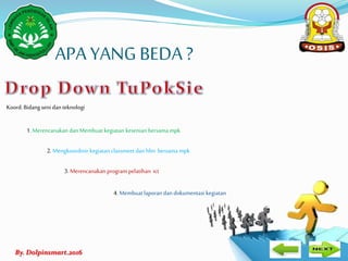 By. Dolpinsmart.2016
APA YANG BEDA ?
Koord.Bidang seni dan teknologi
1. Merencanakan dan Membuat kegiatan kesenian bersama mpk
2. Mengkoordinir kegiatan classmeet dan hbn bersama mpk
3. Merencanakan programpelatihan ict
4. Membuat laporandan dokumentasi kegiatan
 
