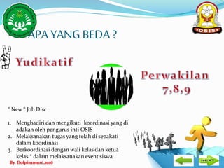 By. Dolpinsmart.2016
APA YANG BEDA ?
“ New “ Job Disc
1. Menghadiri dan mengikuti koordinasi yang di
adakan oleh pengurus inti OSIS
2. Melaksanakan tugas yang telah di sepakati
dalam koordinasi
3. Berkoordinasi dengan wali kelas dan ketua
kelas * dalam melaksanakan event siswa
 