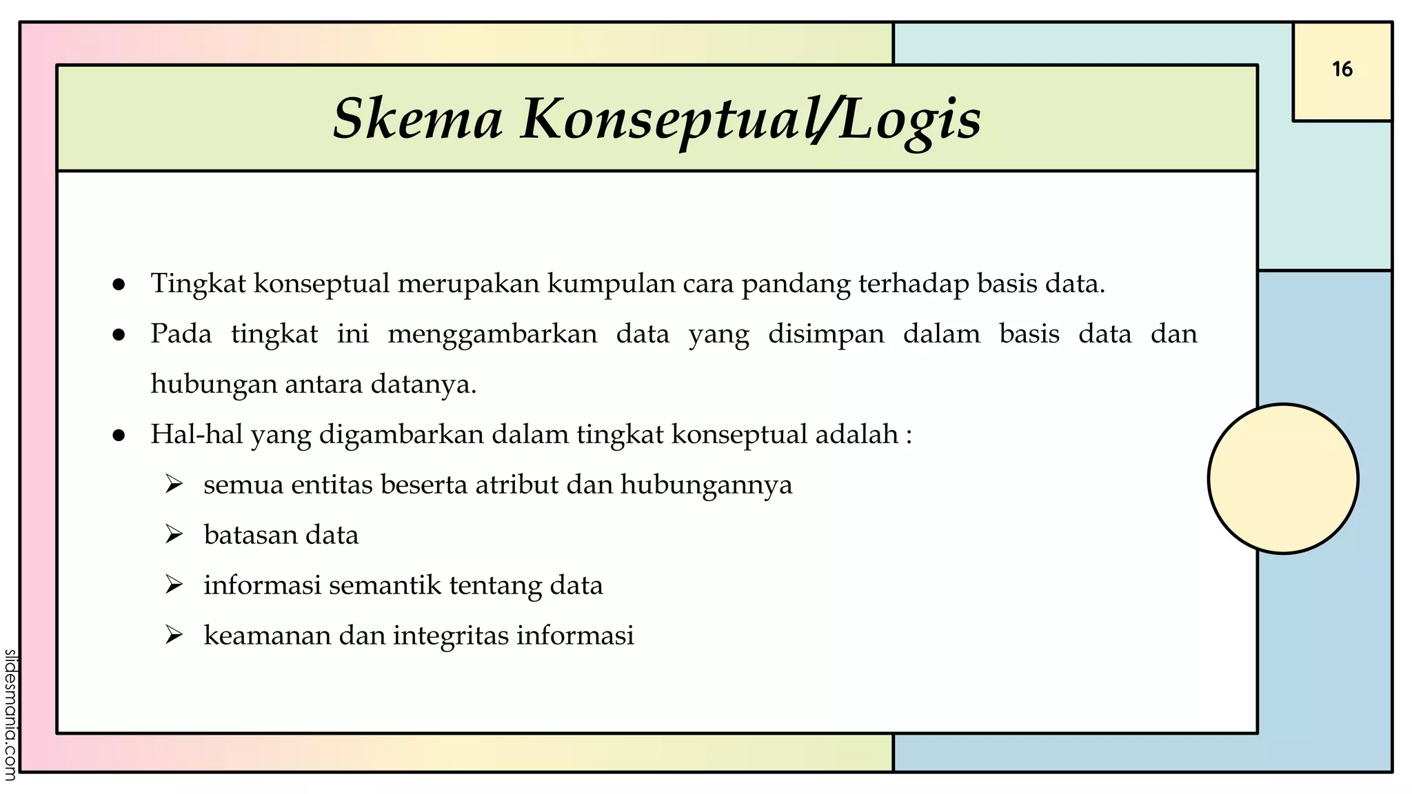 16
Skema Konseptual/Logis
● Tingkat konseptual merupakan kumpulan cara pandang terhadap basis data.
● Pada tingkat ini menggambarkan data yang disimpan dalam basis data dan
hubungan antara datanya.
● Hal-hal yang digambarkan dalam tingkat konseptual adalah :
➢ semua entitas beserta atribut dan hubungannya
➢ batasan data
➢ informasi semantik tentang data
➢ keamanan dan integritas informasi
 