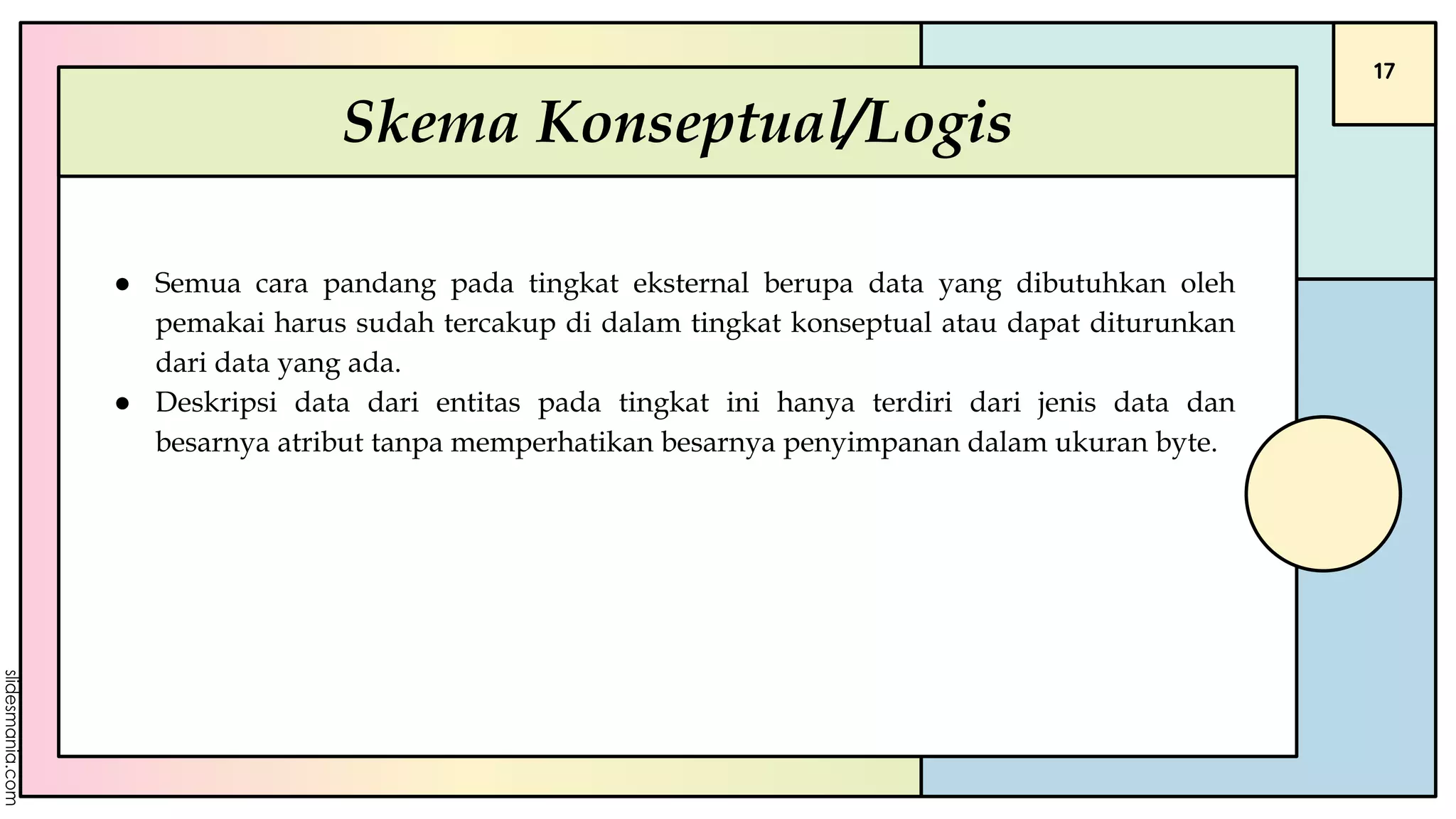 17
Skema Konseptual/Logis
● Semua cara pandang pada tingkat eksternal berupa data yang dibutuhkan oleh
pemakai harus sudah tercakup di dalam tingkat konseptual atau dapat diturunkan
dari data yang ada.
● Deskripsi data dari entitas pada tingkat ini hanya terdiri dari jenis data dan
besarnya atribut tanpa memperhatikan besarnya penyimpanan dalam ukuran byte.
 