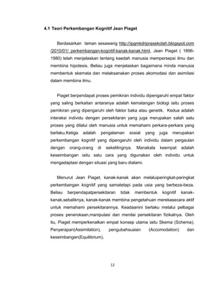 12
4.1 Teori Perkembangan Kognitif Jean Piaget
Berdasarkan laman sesawang http://ipgmkdriprasekolah.blogspot.com
/2010/01/ perkembangan-kognitif-kanak-kanak.html, Jean Piaget ( 1896-
1980) telah menjelaskan tentang kaedah manusia mempersepsi ilmu dan
membina hipotesis. Beliau juga menjelaskan bagaimana minda manusia
membentuk skemata dan melaksanakan proses akomodasi dan asimilasi
dalam membina ilmu.
Piaget berpendapat proses pemikiran individu dipengaruhi empat faktor
yang saling berkaitan antaranya adalah kematangan biologi iaitu proses
pemikiran yang dipengaruhi oleh faktor baka atau genetik. Kedua adalah
interaksi individu dengan persekitaran yang juga merupakan salah satu
proses yang dilalui oleh manusia untuk memahami perkara-perkara yang
berlaku.Ketiga adalah pengalaman sosial yang juga merupakan
perkembangan kognitif yang dipengaruhi oleh individu dalam pergaulan
dengan orang-orang di sekelilingnya. Manakala keempat adalah
keseimbangan iaitu satu cara yang digunakan oleh individu untuk
mengadaptasi dengan situasi yang baru dialami.
Menurut Jean Piaget, kanak-kanak akan melaluiperingkat-peringkat
perkembangan kognitif yang samatetapi pada usia yang berbeza-beza.
Beliau berpendapatpersekitaran tidak membentuk kognitif kanak-
kanak,sebaliknya, kanak-kanak membina pengetahuan merekasecara aktif
untuk memahami persekitarannya. Keadaanini berlaku melalui pelbagai
proses penerokaan,manipulasi dan menilai persekitaran fizikalnya. Oleh
itu, Piaget memperkenalkan empat konsep utama iaitu Skema (Schema),
Penyerapan(Assimilation), pengubahsuaian (Accomodation) dan
keseimbangan(Equilibrium).
 