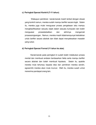 15
c) Peringkat Operasi Konkrit (7-11 tahun)
Walaupun pemikiran kanak-kanak masih terikat dengan situasi
yang konkrit namun, mereka sudah mampu berfikir secara logik. Selain
itu, mereka juga mulai menguasai proses pengelasan iaitu mampu
mengklasifikasikan sesuatu objek dalam sesuatu kumpulan dan boleh
menguasai proseskebalikan dan akhirnya mengamati
prosessongsangan. Namun, mereka masih tidakmempunyai kebolehan
untuk berfikir secara abstrak dan tidak dapat menyelesaikan masalah
yang sukar.
d) Peringkat Operasi Formal (11 tahun ke atas)
Kanak-kanak pada peringkat ini sudah boleh melakukan proses
mental dan membuat andaian berdasarkan fakta serta mampu berfikir
secara abstrak dan boleh membuat hipotesis. Selain itu, apabila
mereka mula tertumpu kepada idea dan pemikiran mereka sendiri,
egosentrik mereka akan mula muncul. Oleh itu, mereka susah untuk
menerima pendapat orang lain.
 