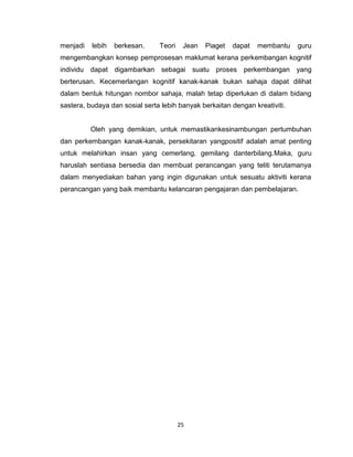 25
menjadi lebih berkesan. Teori Jean Piaget dapat membantu guru
mengembangkan konsep pemprosesan maklumat kerana perkembangan kognitif
individu dapat digambarkan sebagai suatu proses perkembangan yang
berterusan. Kecemerlangan kognitif kanak-kanak bukan sahaja dapat dilihat
dalam bentuk hitungan nombor sahaja, malah tetap diperlukan di dalam bidang
sastera, budaya dan sosial serta lebih banyak berkaitan dengan kreativiti.
Oleh yang demikian, untuk memastikankesinambungan pertumbuhan
dan perkembangan kanak-kanak, persekitaran yangpositif adalah amat penting
untuk melahirkan insan yang cemerlang, gemilang danterbilang.Maka, guru
haruslah sentiasa bersedia dan membuat perancangan yang teliti terutamanya
dalam menyediakan bahan yang ingin digunakan untuk sesuatu aktiviti kerana
perancangan yang baik membantu kelancaran pengajaran dan pembelajaran.
 