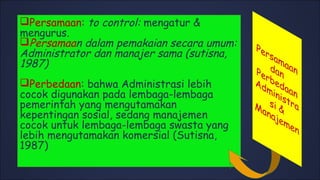Persamaan: to control: mengatur &
mengurus.
Persamaan dalam pemakaian secara umum:
Administrator dan manajer sama (sutisna,
1987)
Perbedaan: bahwa Administrasi lebih
cocok digunakan pada lembaga-lembaga
pemerintah yang mengutamakan
kepentingan sosial, sedang manajemen
cocok untuk lembaga-lembaga swasta yang
lebih mengutamakan komersial (Sutisna,
1987)
 