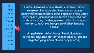 Hadari Nawawi: Administrasi Pendidikan adalah
rangkaian kegiatan atau keseluruhan proses
pengendalian usaha kerja sama sejumlah orang untuk
mencapai tujuan pendidikan secara berencana dan
sistematis yang diselenggarakan dalam lingkungan
tertentu, terutama berupa pendidikan lembaga
formal.
Atmodiwirio : Administrasi Pendidikan ialah
koordinasi kegiatan alat untuk mencapai tujuan dan
kegiatan yang menyertakan banyak orang.
 