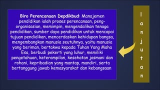 Biro Perencanaan Depdikbud: Manajemen
pendidikan ialah proses perencanaan, peng-
organisasian, memimpin, mengendalikan tenaga
pendidikan, sumber daya pendidikan untuk mencapai
tujuan pendidikan, mencerdaskan kehidupan bangsa,
mengembangkan manusia seutuhnya, yaitu manusia
yang beriman, bertakwa kepada Tuhan Yang Maha
Esa, berbudi pekerti yang luhur, memiliki
pengetahuan, keterampilan, kesehatan jasmani dan
rohani, kepribadian yang mantap, mandiri, serta
bertanggung jawab kemasyarakat dan kebangsaan 
 