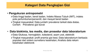 Kategori Data Pengkajian Gizi
• Pengukuran antropometri
Data tinggi badan, berat badan, Indeks Massa Tubuh (IMT), indeks
pola pertumbuhan/persentil, dan riwayat berat badan
Tingkat masyarakat: Data jumlah/ prevalensi terkait data diatas.
Contoh: Prevalensi gizi buruk
• Data biokimia, tes medis, dan prosedur data laboratorium
Data Glukosa, hemoglobin, kolesterol, asam urat, elektrolit
Tingkat masyarakat: profil anemia gizi besi; Data laboratorium berbasis
populasi dari sistem surveilans kesehatan; Analisis data rekam
kesehatan elektronik
11
Konsep Dasar PAG
 