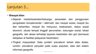 Lanjutan 3…
• Riwayat klien
Sejarah medis/kesehatan/keluarga, perawatan dan penggunaan
pengobatan komplementer / alternatif, dan riwayat sosial, riwayat ibu
dan kehamilan, riwayat ibu menyusui, keaksaraan, status sosial
ekonomi, situasi tempat tinggal/ perumahan, dukungan sosial, lokasi
geografis, dan akses terhadap layanan kesehatan dan gizi (termasuk
kebijakan di fasilitas pelayanan kesehatan)
Tingkat masyarakat: Data jumlah/ prevalensi terkait data diatas,
contoh: prevalensi penyakit pada suatu populasi, data dari sistem
informasi geografis
14
Konsep Dasar PAG
 