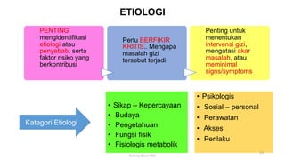 ETIOLOGI
• Sikap – Kepercayaan
• Budaya
• Pengetahuan
• Fungsi fisik
• Fisiologis metabolik
• Psikologis
• Sosial – personal
• Perawatan
• Akses
• Perilaku
Kategori Etiologi
23
Konsep Dasar PAG
 