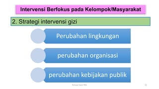 Intervensi Berfokus pada Kelompok/Masyarakat
2. Strategi intervensi gizi
42
Konsep Dasar PAG
Perubahan lingkungan
perubahan organisasi
perubahan kebijakan publik
 
