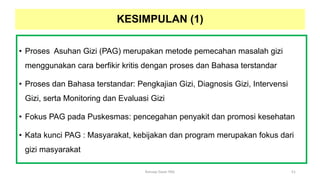 KESIMPULAN (1)
• Proses Asuhan Gizi (PAG) merupakan metode pemecahan masalah gizi
menggunakan cara berfikir kritis dengan proses dan Bahasa terstandar
• Proses dan Bahasa terstandar: Pengkajian Gizi, Diagnosis Gizi, Intervensi
Gizi, serta Monitoring dan Evaluasi Gizi
• Fokus PAG pada Puskesmas: pencegahan penyakit dan promosi kesehatan
• Kata kunci PAG : Masyarakat, kebijakan dan program merupakan fokus dari
gizi masyarakat
51
Konsep Dasar PAG
 