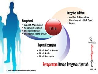 Integritas individu
• Akhlaq & Moralitas
• Komitmen ( UU & Opst)
• Lulus

Kompetensi
•
•
•
•

Syariah Muamalah
Keuangan Syariah
Ekonomi Rakyat
Ekonomi Secara umum

Title

• Tidak Daftar Hitam
• Tidak Pailit
• Tidak Bersalah

Persyaratan Dewan Pengawas Syariah
• Pusat Inkubasi Bisnis Usaha Kecil (Pinbuk)

Dewan Pengawas Syariah

Reputasi keuangan

M216

 