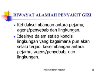 RIWAYAT ALAMIAH PENYAKIT GIZI
 Ketidakseimbangan antara pejamu,
agens/penyebab dan lingkungan.
 Idealnya dalam setiap kondisi
lingkungan yang bagaimana pun akan
selalu terjadi keseimbangan antara
pejamu, agens/penyebab, dan
lingkungan.
Prodi Kebidanan Magetan 11
 