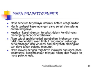 MASA PRAPATOGENESIS
 Masa sebelum terjadinya interaksi antara ketiga faktor.
 Masih terdapat keseimbangan yang serasi dan selaras
antara ketiganya.
 Keadaan keseimbangan tersebut dalam kondisi yang
menunjang dapat dipertahankan.
 Akan tetapi apabila terjadi perubahan lingkungan yang
tidak dikehendaki, akan timbul rangsangan sehingga
perkembangan dan virulensi dari penyebab meningkat
dan daya tahan pejamu menurun.
 Maka diawali dengan terjadinya inokulasi dari agen pada
pejamunya, keseimbangan menjadi hilang dan masuk ke
masa patogenesis.
Prodi Kebidanan Magetan 17
 