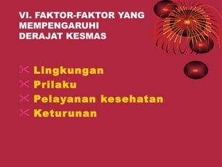 VI. FAKTOR-FAKTOR YANG
MEMPENGARUHI
DERAJAT KESMAS


   Lingkungan
   Prilaku
   Pelayanan kesehatan
   Ketur unan
 