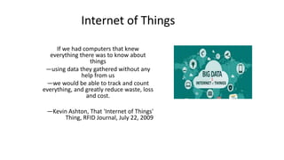 Internet of Things
If we had computers that knew
everything there was to know about
things
—using data they gathered without any
help from us
—we would be able to track and count
everything, and greatly reduce waste, loss
and cost.
—Kevin Ashton, That 'Internet of Things'
Thing, RFID Journal, July 22, 2009
 