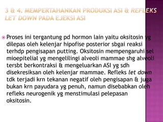  Proses

ini tergantung pd hormon lain yaitu oksitosin yg
dilepas oleh kelenjar hipofise posterior sbgai reaksi
terhdp pengisapan putting. Oksitosin mempengaruhi sel
mioepitelial yg mengelilingi alveoli mammae shg alveoli
tersbt berkontraksi & mengeluarkan ASI yg sdh
disekresiksan oleh kelenjar mammae. Refleks let down
tdk terjadi krn tekanan negatif oleh pengisapan & juga
bukan krn payudara yg penuh, namun disebabkan oleh
refleks neurogenik yg menstimulasi pelepasan
oksitosin.

 