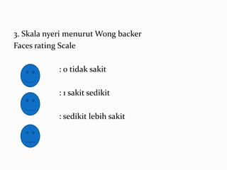 3. Skala nyeri menurut Wong backer
Faces rating Scale

            : 0 tidak sakit

            : 1 sakit sedikit

            : sedikit lebih sakit
 