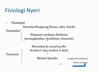 Fisiologi Nyeri
1.   Nosisepsi
             Stimulus/Rangsang (kimia, suhu, listrik)
Transduksi
                  Pelepasan mediator Biokimia
              (prostaglandine, bradikinin, histamin)

                   Merambat ke syaraf perifer
                  Serabut C dan serabut A-delta
Transmisi
                       Medula Spinalis        menghambat pelepasan
                                                   Opioid, serotonin
 