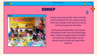 KONSEP
Setiap anak yang terlahir akan memiliki
potensi didalam diri dan potensi setiap
anak satu dengan anak yang lainnya itu
tentunya juga akan berbeda.
Inilah yang menjadi dasar pentingnya
Pendidikan Anak Usia Dini (PAUD) agar
lebih mudah menggali potensi didalam
diri anak dan mengarahkan sesuai
dengan potensi anak sehingga lebih
optimal.
 
