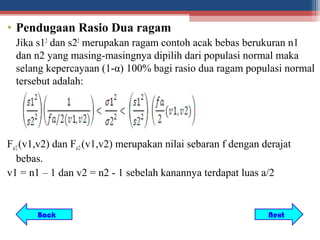 • Pendugaan Rasio Dua ragam
  Jika s12 dan s22 merupakan ragam contoh acak bebas berukuran n1
  dan n2 yang masing-masingnya dipilih dari populasi normal maka
  selang kepercayaan (1-α) 100% bagi rasio dua ragam populasi normal
  tersebut adalah:




Fa/2 (v1,v2) dan Fa/2 (v1,v2) merupakan nilai sebaran f dengan derajat
   bebas.
v1 = n1 – 1 dan v2 = n2 - 1 sebelah kanannya terdapat luas a/2


       Back                                                     Next
 