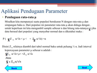 Aplikasi Pendugaan Parameter
• Pendugaan rata-rata μ
  Misalkan kita mempunyai suatu populasi berukuran N dengan rata-rata μ dan
  simpangan baku α. Dari populasi ini parameter rata-rata μ akan diduga dengan .
  untuk keperluan ini kita mengambil sample sebesar n dan hitung rata-ratanya ( ) jika
  data berasal dari populasi yang menyebar normal dan α diketahui maka :

P ( – Z 1/2α α/√n < μ <   + Z1/2α α/√n) =α

Disini Z1/2α nilainya diambil dari tabel normal baku untuk peluang ½ α. Jadi interval
  kepercayaan parameter μ sebesar α adalah :
  – Z1/2α α/√n<μ< +Z1/2α α/√n
   Atau
     ± Z1/2α α/√n

        Back                                                                Next
 
