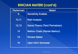 TPK - Pendahuluan 5
Pertemuan Materi
9
10,11
12,13
14
15
16
Sensitivity Analisis
Risk Analysis
Game Theory (Teori Permainan)
Markov Chain (Rantai Markov)
Review Materi
Ujian Akhir Semester
 