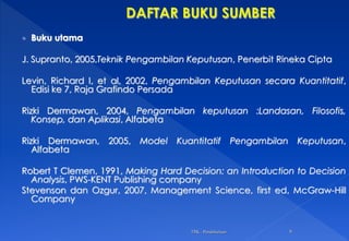 TPK - Pendahuluan 6
 Buku utama
J. Supranto, 2005,Teknik Pengambilan Keputusan, Penerbit Rineka Cipta
Levin, Richard I, et al, 2002, Pengambilan Keputusan secara Kuantitatif,
Edisi ke 7, Raja Grafindo Persada
Rizki Dermawan, 2004, Pengambilan keputusan :Landasan, Filosofis,
Konsep, dan Aplikasi, Alfabeta
Rizki Dermawan, 2005, Model Kuantitatif Pengambilan Keputusan,
Alfabeta
Robert T Clemen, 1991, Making Hard Decision: an Introduction to Decision
Analysis, PWS-KENT Publishing company
Stevenson dan Ozgur, 2007, Management Science, first ed, McGraw-Hill
Company
 