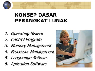 KONSEP DASAR
      PERANGKAT LUNAK

1.   Operating Sistem
2.   Control Program
3.   Memory Management
4.   Processor Management
5.   Languange Sofware
6.   Aplication Software
 