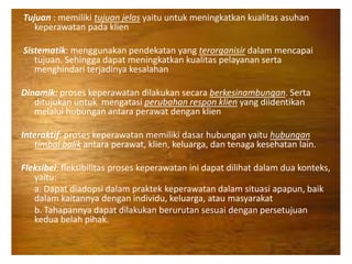 Tujuan : memiliki tujuan jelas yaitu untuk meningkatkan kualitas asuhan
keperawatan pada klien
Sistematik: menggunakan pendekatan yang terorganisir dalam mencapai
tujuan. Sehingga dapat meningkatkan kualitas pelayanan serta
menghindari terjadinya kesalahan
Dinamik: proses keperawatan dilakukan secara berkesinambungan. Serta
ditujukan untuk mengatasi perubahan respon klien yang diidentikan
melalui hubungan antara perawat dengan klien
Interaktif: proses keperawatan memiliki dasar hubungan yaitu hubungan
timbal balik antara perawat, klien, keluarga, dan tenaga kesehatan lain.
Fleksibel: fleksibilitas proses keperawatan ini dapat dilihat dalam dua konteks,
yaitu:
a. Dapat diadopsi dalam praktek keperawatan dalam situasi apapun, baik
dalam kaitannya dengan individu, keluarga, atau masyarakat
b. Tahapannya dapat dilakukan berurutan sesuai dengan persetujuan
kedua belah pihak.
 