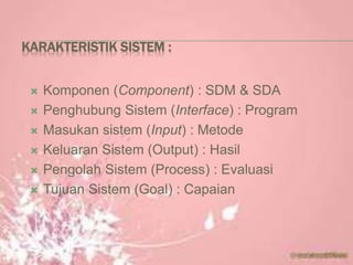KARAKTERISTIK SISTEM :
 Komponen (Component) : SDM & SDA
 Penghubung Sistem (Interface) : Program
 Masukan sistem (Input) : Metode
 Keluaran Sistem (Output) : Hasil
 Pengolah Sistem (Process) : Evaluasi
 Tujuan Sistem (Goal) : Capaian
 